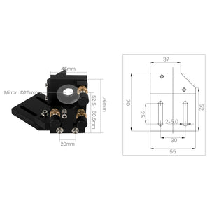 Cloudray E Series V2.1 CO2 laser head set specifications showing anodized aluminum construction, 100 TPI adjustment screws and 25mm mirror compatibility