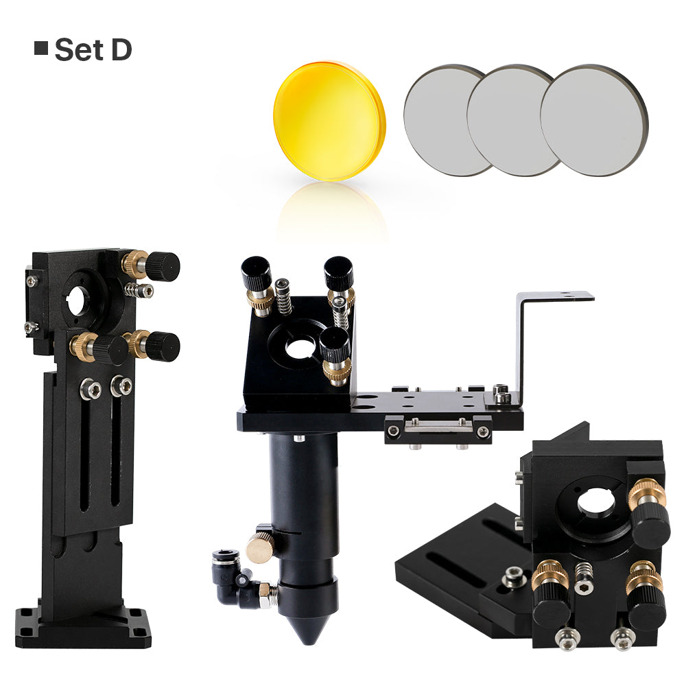CO2 laser head Set D with laser head, first and second mirror mounts, one focusing lens and three silver-colored laser mirrors