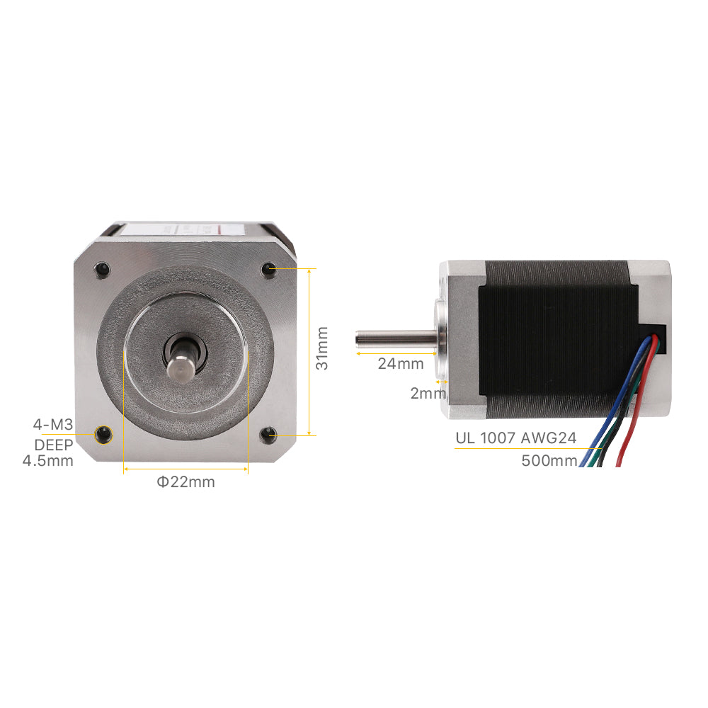 Cloudray Stepper Motor Mounting Hole Dimensions: 31mm Pitch, M3 Mounting Threads, and 500mm UL Lead Wire