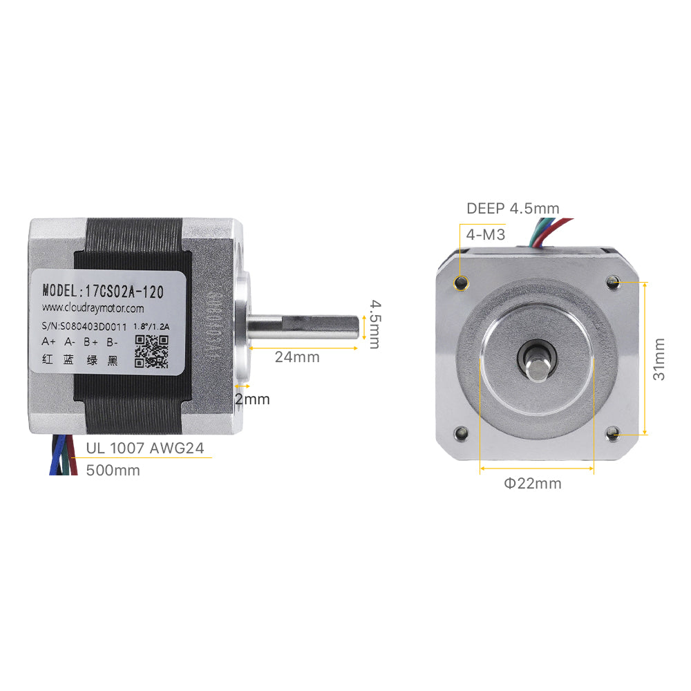 Cloudray Stepper Motor Mechanical Drawing: 500mm UL 1007 AWG24 Lead Wire and M3 Mounting Holes
