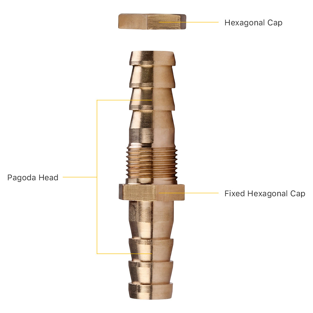 Cloudray Brass Pagoda Connector Features Showing Pagoda Head, Hexagonal Cap, and Fixed Hexagonal Cap