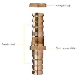 Cloudray Brass Pagoda Connector Features Showing Pagoda Head, Hexagonal Cap, and Fixed Hexagonal Cap