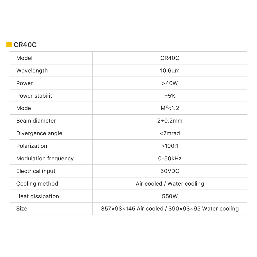 Cloudray RF CO2 Laser Tube CR40C Specification