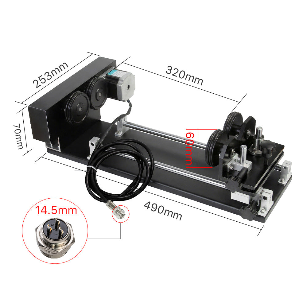 Cloudray Laser Rotary Axis Dimensions: 490mm Length with 14.5mm Connector