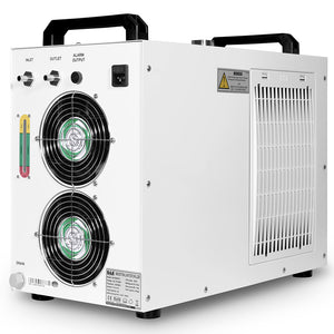 Cloudray S&A CW-5200 CO2 Laser Water Chiller Rear View with Dual Cooling Fans and Water Connections