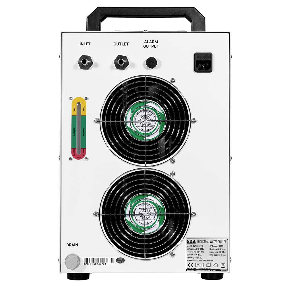 Cloudray S&A CW-5200 Industrial Water Chiller Rear Panel with Inlet, Outlet, Alarm Output and Water Level Gauge