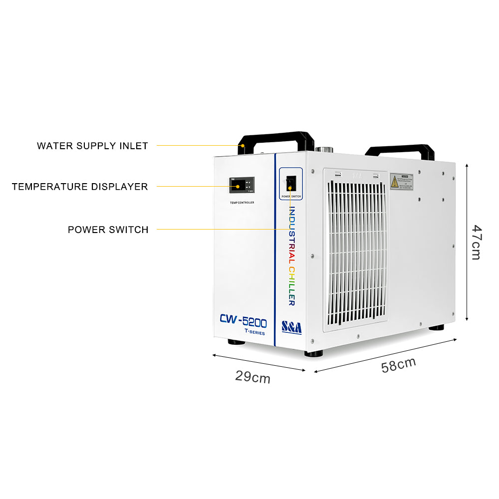 Cloudray S&A CW-5200 CO2 Laser Water Chiller Dimensions 58 × 29 × 47 cm with Front Controls