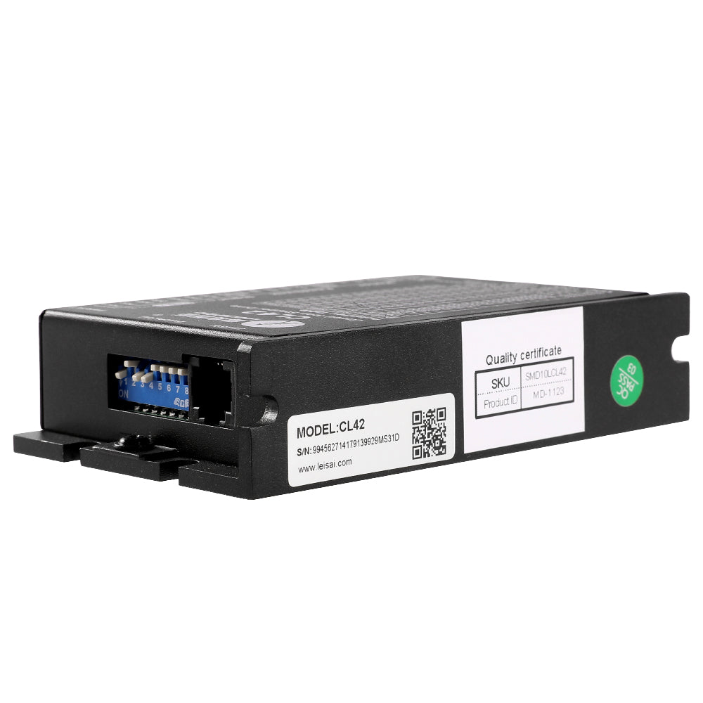 Side View of Leadshine CL42 Stepper Drive with Model Label and Quality Certificate SKU Sticker