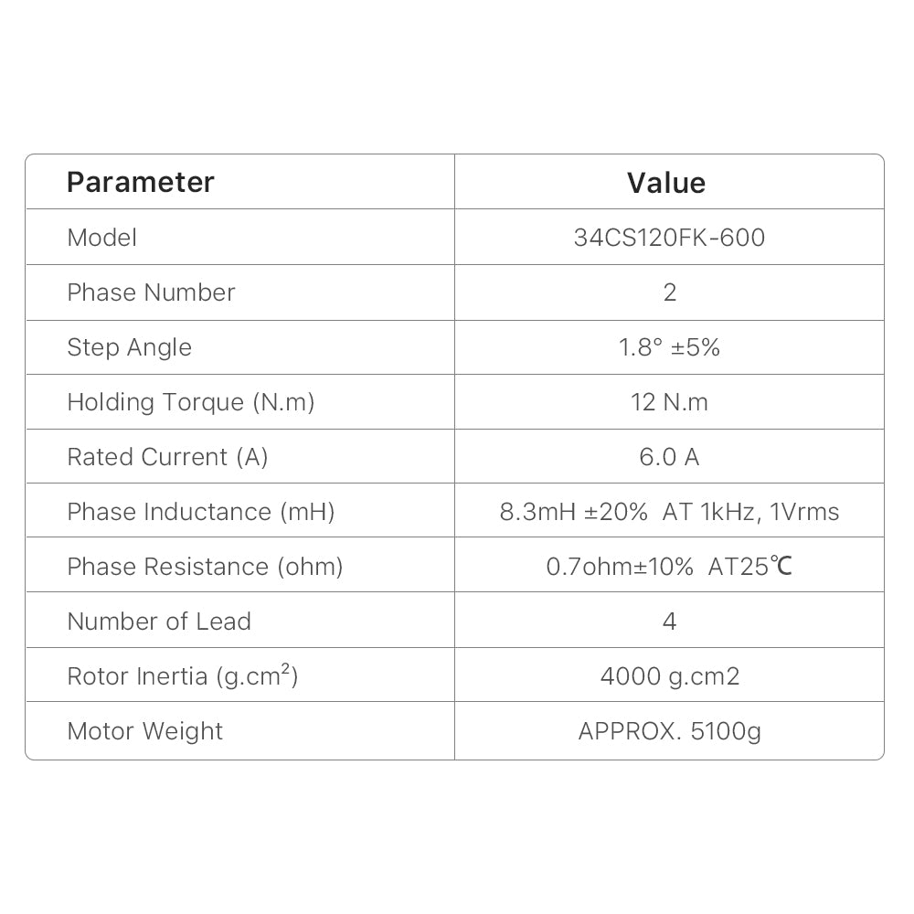 Cloudray 34CS120FK-600 Stepper Motor Technical Data: 6.0A Rated Current and 1.8 Degree Step Angle