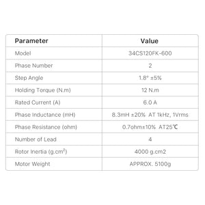 Cloudray 34CS120FK-600 Stepper Motor Technical Data: 6.0A Rated Current and 1.8 Degree Step Angle