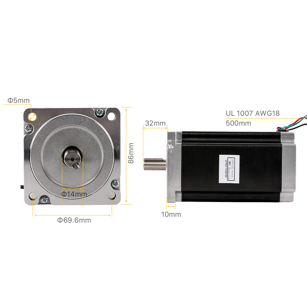 Cloudray Nema 34 Motor Specification: 86mm Flange Size and 500mm UL 1007 AWG18 Lead Wire