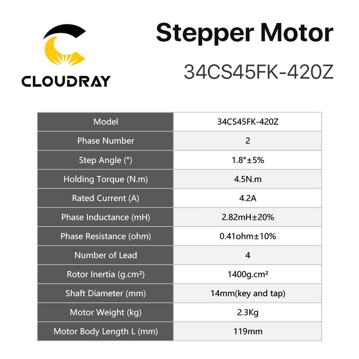 Cloudray 119mm 4.5N.m 4.2A 2 Fase Nema34 Motor paso a paso de bucle abierto