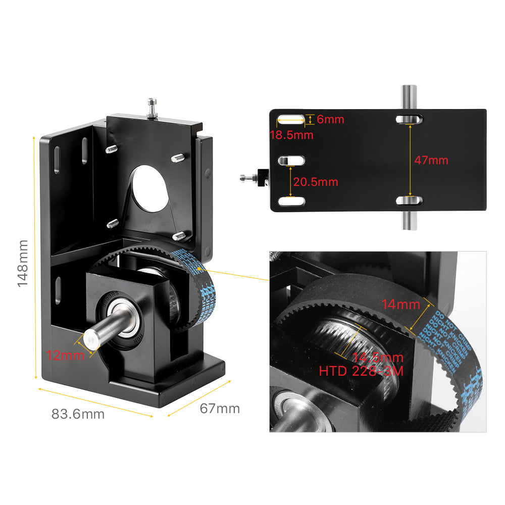 Cloudray Nema23 38-Teeth Stepper Motor Reducer Dimensions and HTD 228-3M Timing Belt Specifications