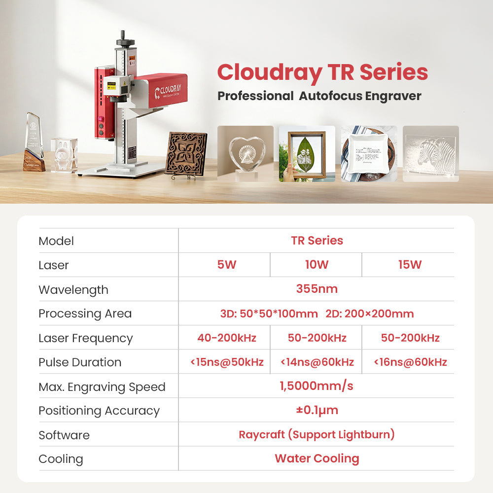 Cloudray TR Series UV laser engraver specifications with 355nm wavelength and LightBurn support