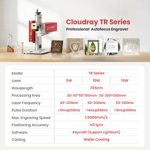 Cloudray TR Series UV laser engraver specifications with 355nm wavelength and LightBurn support