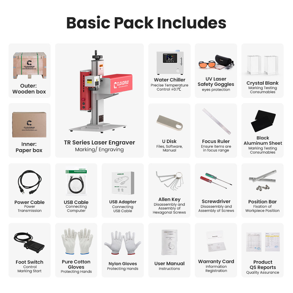 Cloudray TR Series laser engraver package contents with water chiller, safety goggles, crystal blanks, foot switch and tools
