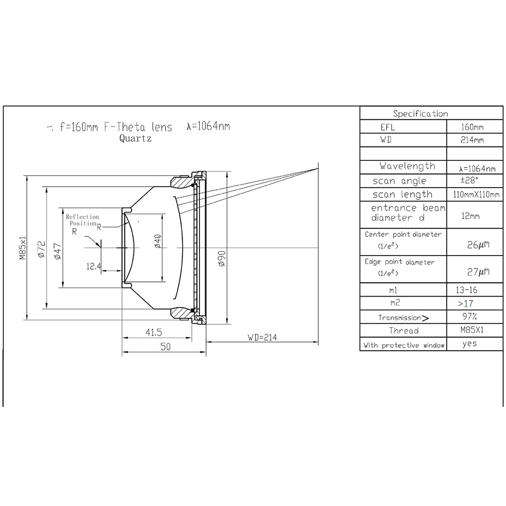 Cloudray Quartz M85 Fiber Laser F-theta Scan Lens For 100W Fiber