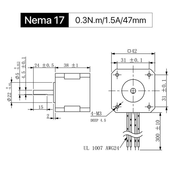 Cloudray 47mm 0.3N.m 1.5A 2 Phase Nema17 Moteur à pas à boucle ouverte