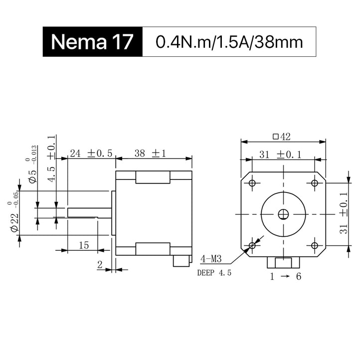 Cloudray 38 mm 0,4 Nm 1,5 A 2-Phasen-Nema17-Schrittmotor mit offener Schleife und 4-adrigem Kabel