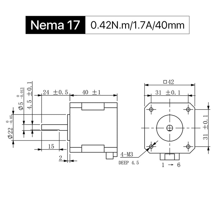 Cloudray 40 mm 0,42 Nm 1,7 A 2-Phasen-Nema17-Schrittmotor mit offener Schleife und 4-adrigem Kabel