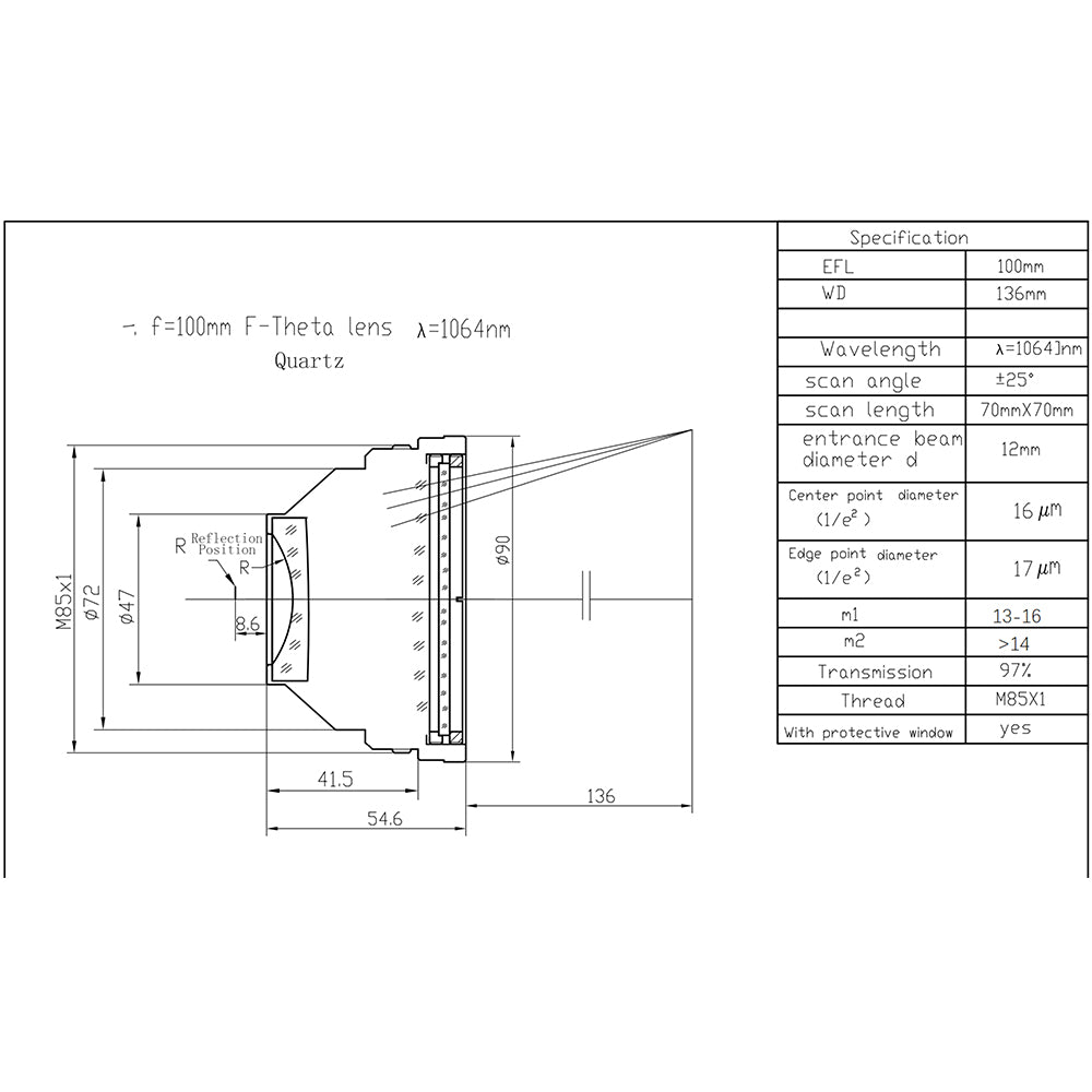 Lente de cuarzo Cloudray K9 M85 de fibra láser F-theta para AR-100 de 100W, grabador láser de fibra