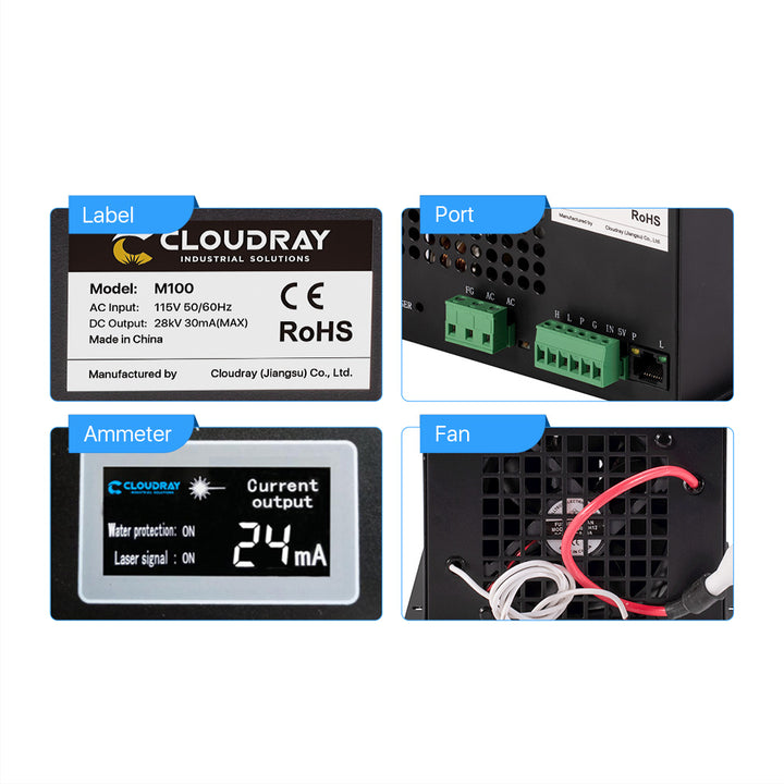 Cloudray Bundle For Sale 90W CR Series Upgraded Metal Head Co2 Laser Tube + 115/230V Laser Power Supply