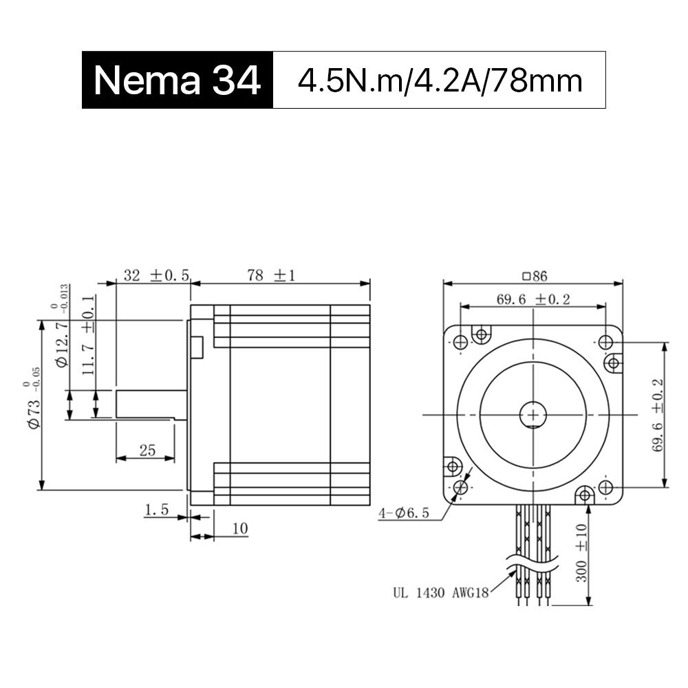 Cloudray 78 mm 4,5 Nm 4,2 A 2-Phasen-Nema34-Schrittmotor mit offener Schleife und 4 Drähten, Welle 12,7 mm