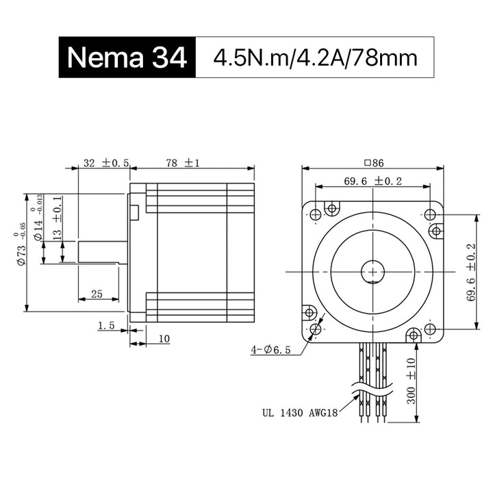 Cloudray 78 mm 4,5 Nm 4,2 A 2-Phasen-Nema34-Schrittmotor mit offener Schleife und 4 Drähten, Welle 14 mm