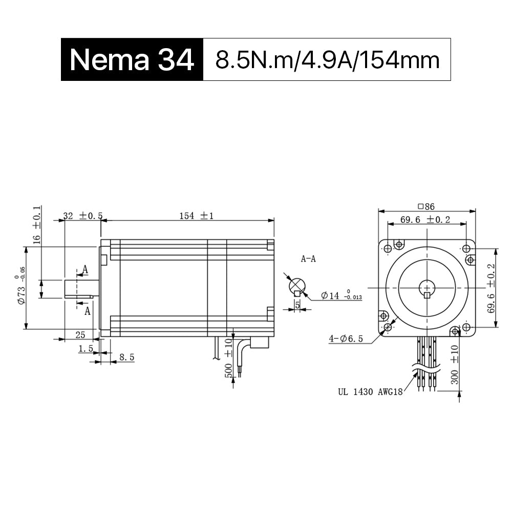 Cloudray 154mm 8.5N.m 4.9A 2 phases Nema34 Moteur pas à pas en boucle ouverte