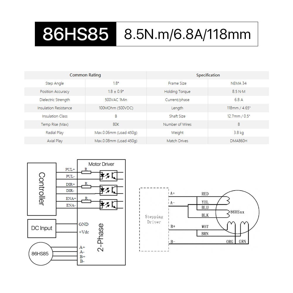 Cloudray 86HS85 118mm 8.5N.m 6.8A Motor paso a paso Nema34 de 2 fases