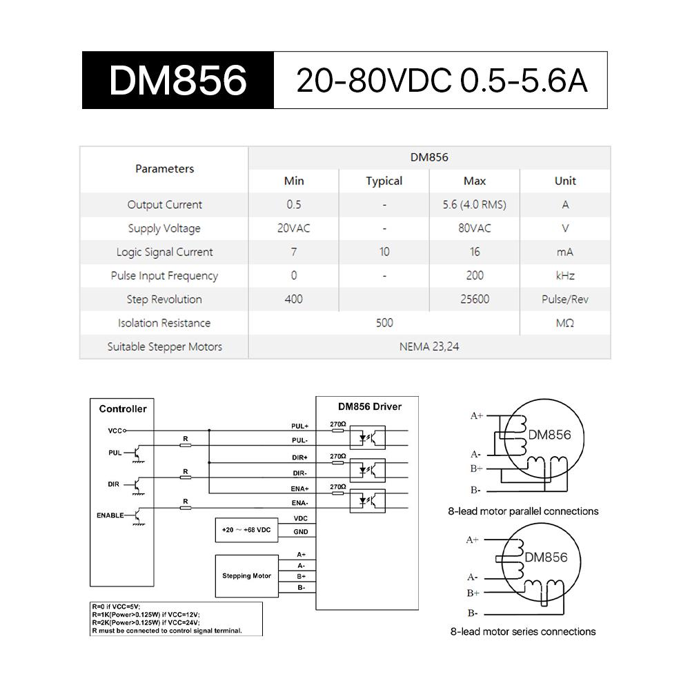 Cloudray DM856 20-80VDC 0.5-5.6A Leadshinie 2 Phase Nema23/34 Stepper Motor Driver